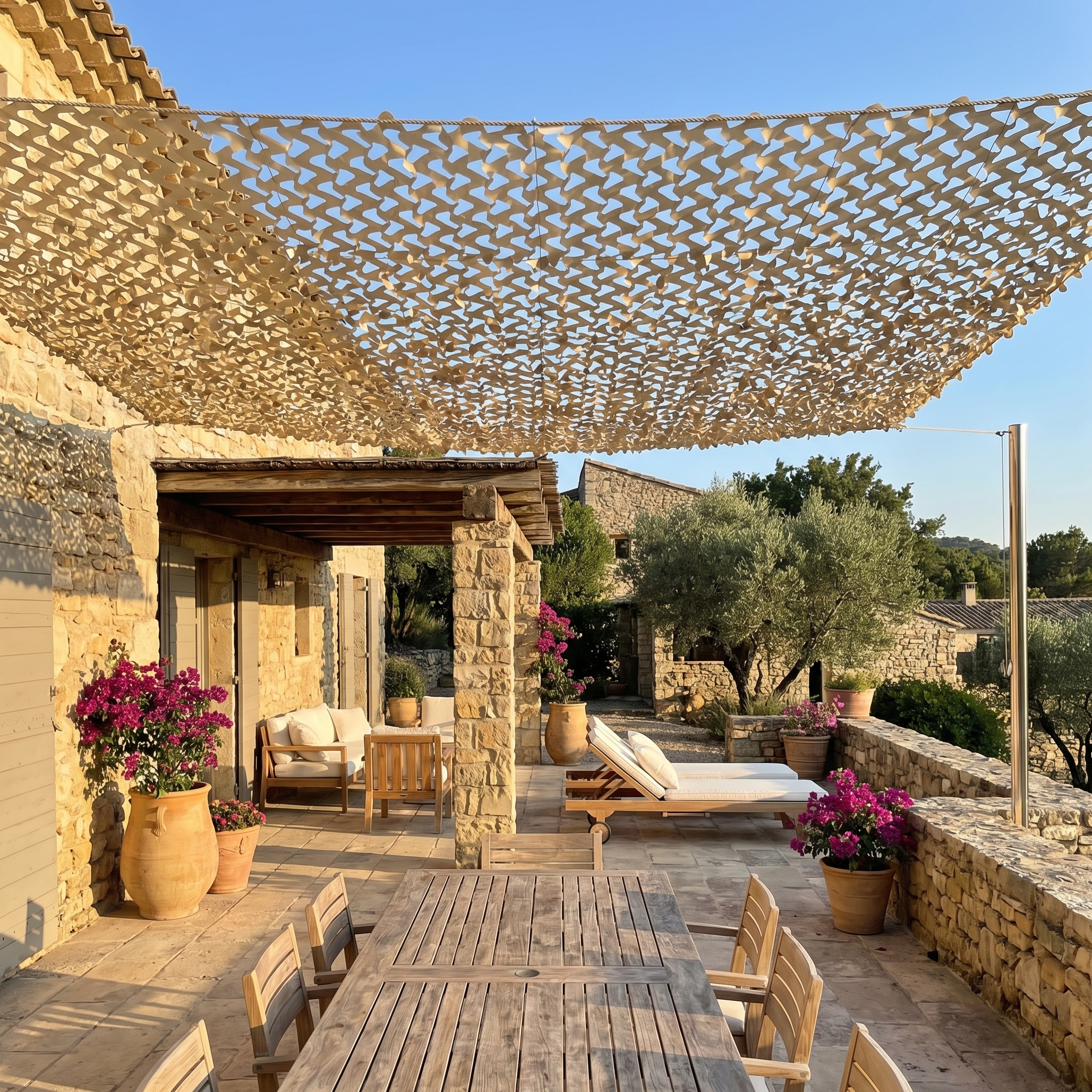 Filet de camouflage sable Camofil sur une pergola, idéal pour apprendre comment choisir son filet de camouflage.
