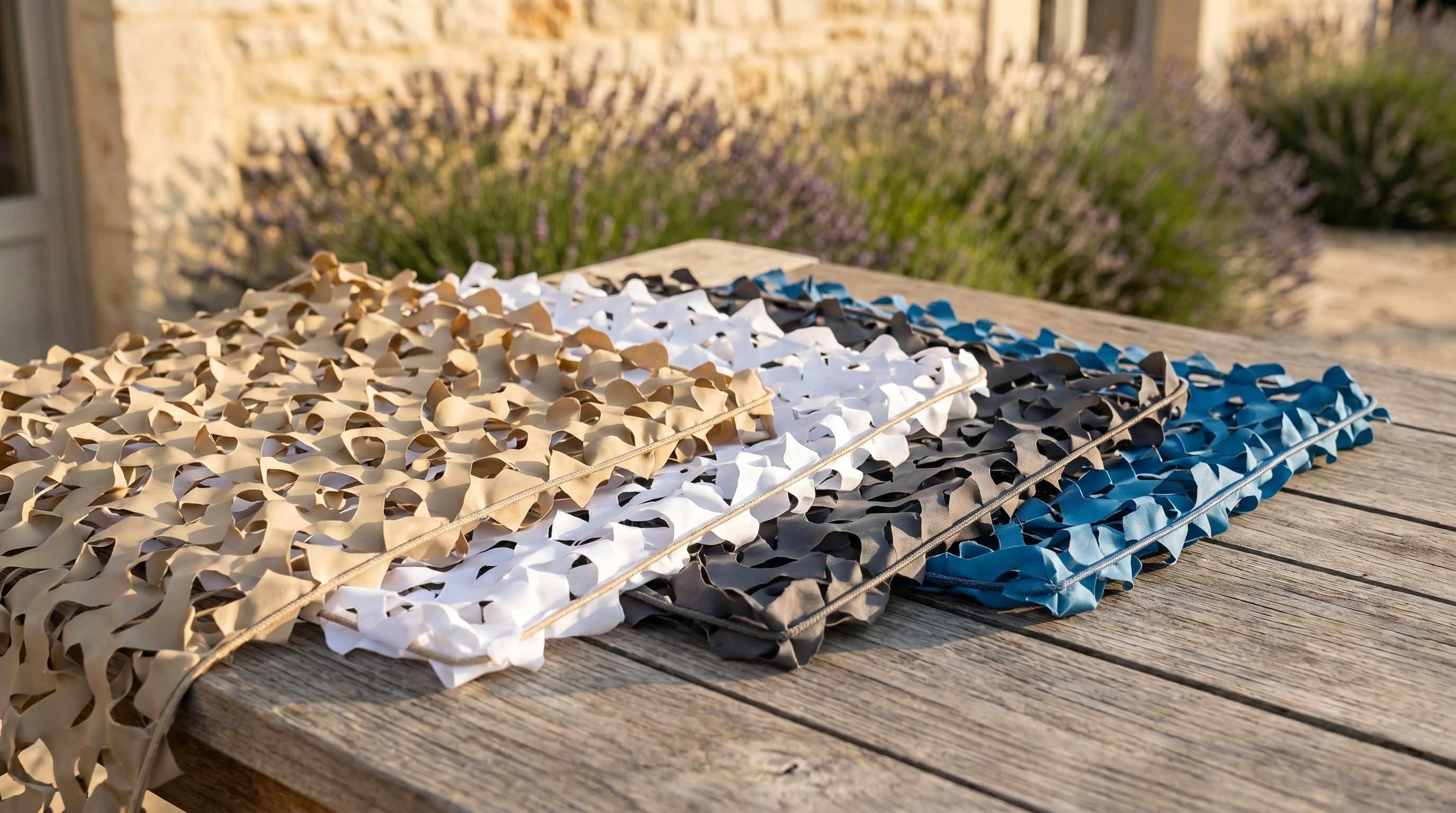 Plusieurs coloris de filets de camouflage Camofil sur une table, idéal pour choisir la couleur de sa terrasse.
