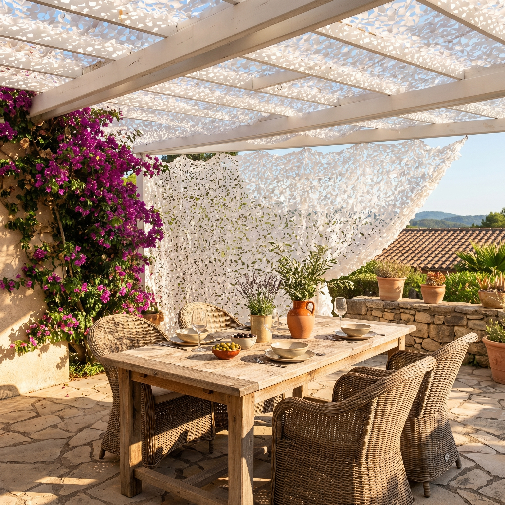 Filet de camouflage brise-vue pour terrasse et clôture - Ombrage et discrétion