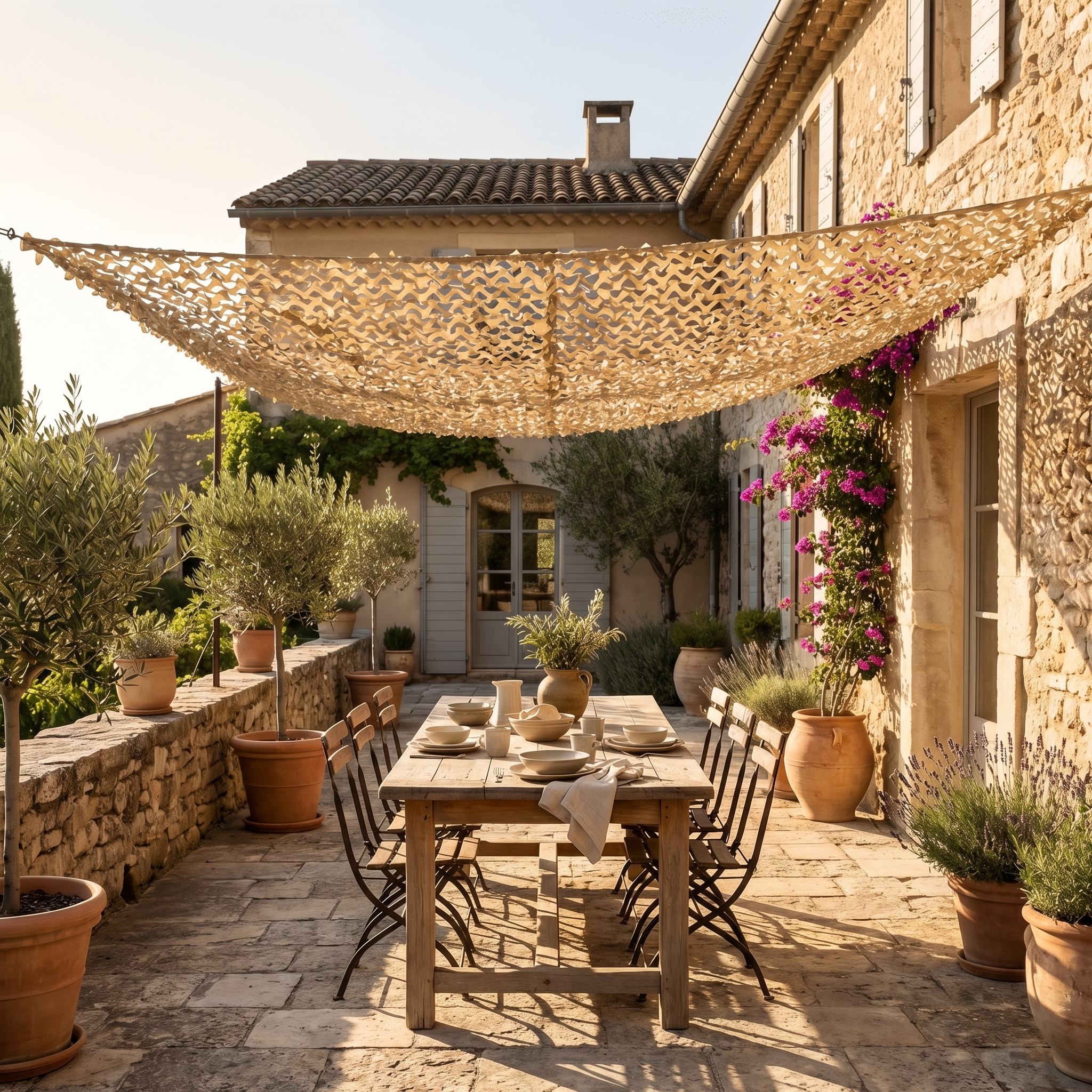 Filet de camouflage avec câble acier Camofil installé sur une terrasse en pierre rustique.