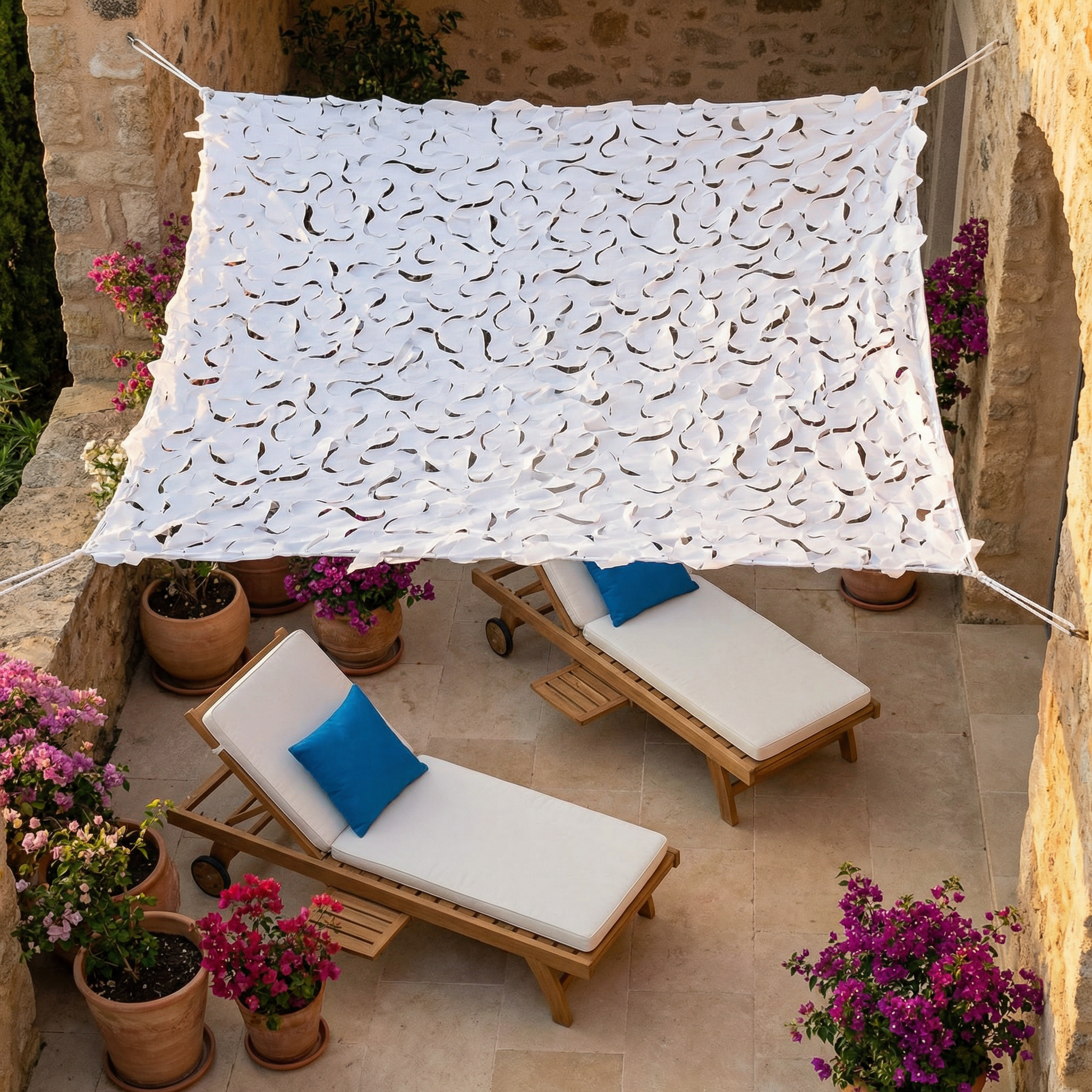 Filet de camouflage renforcé blanc pour terrasse et pergola - Ombrage lumineux