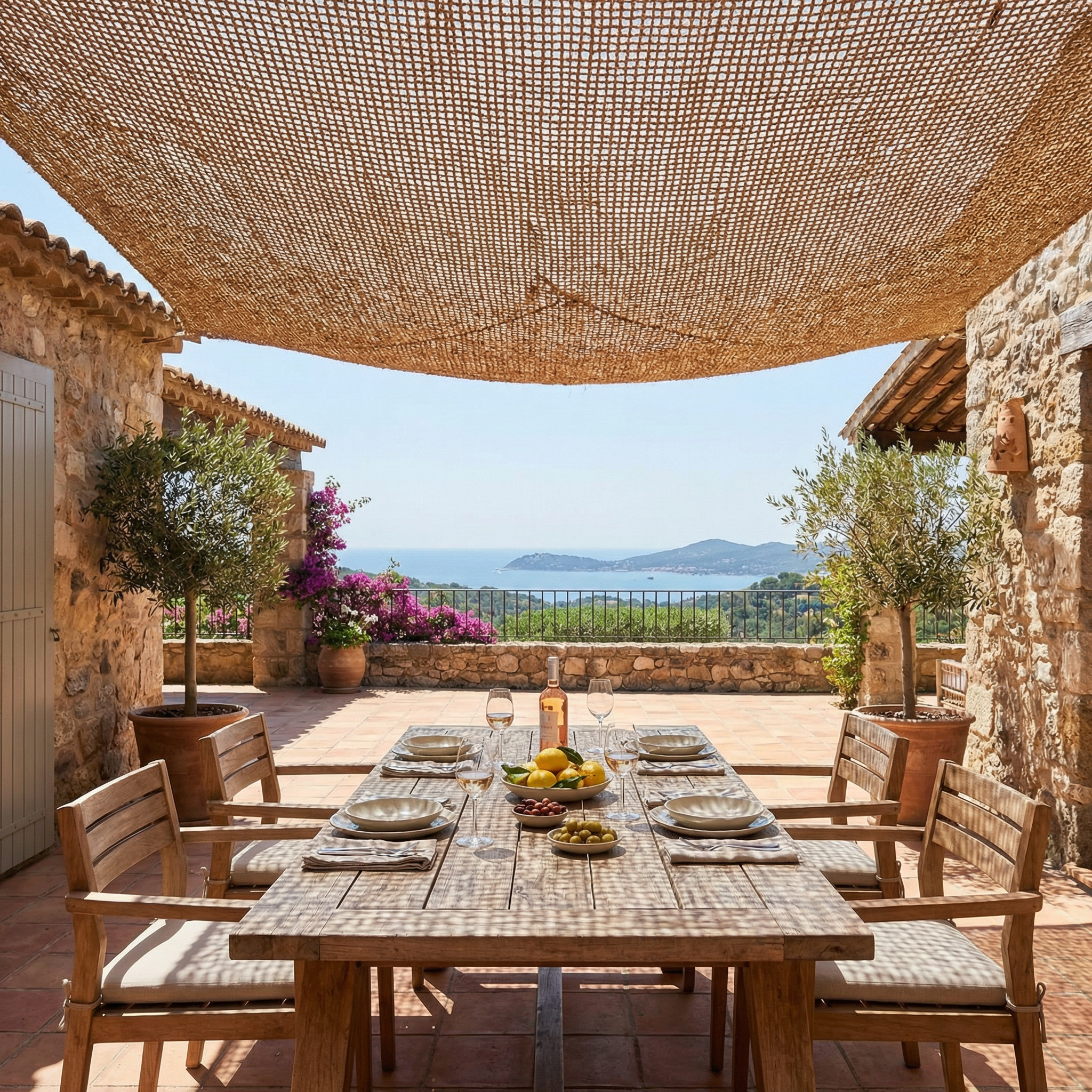 Filet en fibre de coco naturelle Camofil sur une pergola pour ombrager une table de terrasse en bois.
