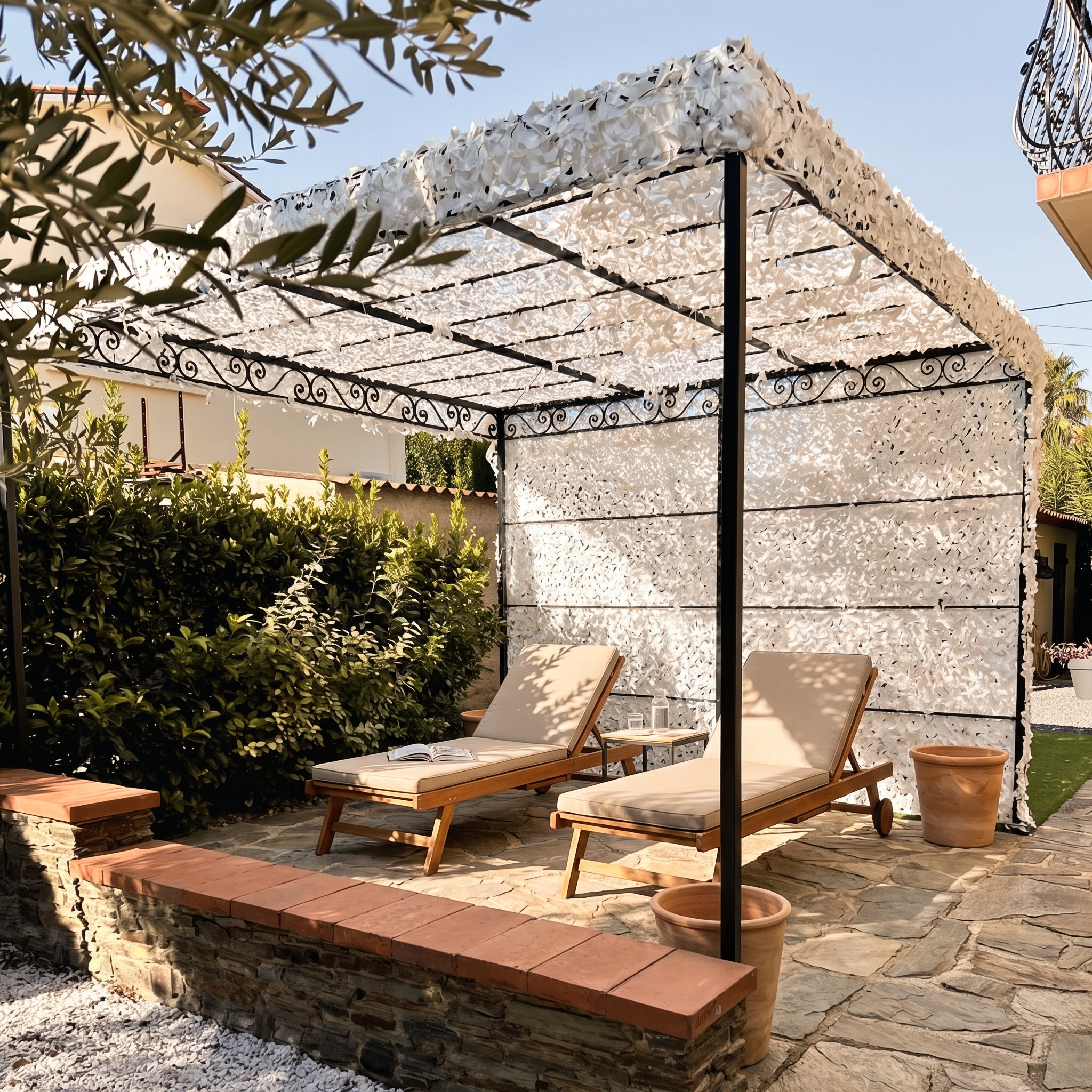 Filet de camouflage brise-vue Camofil installé pour ombrager et protéger des transats sur une terrasse.