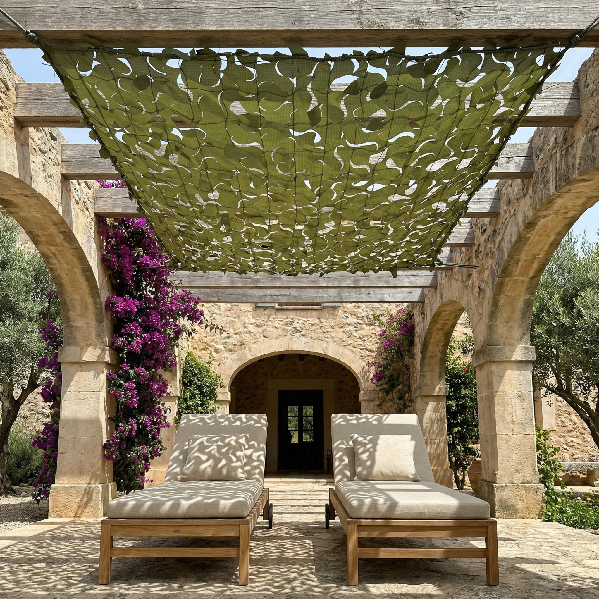 Filet de camouflage renforcé vert pour terrasse et jardin arboré - Canopée naturelle