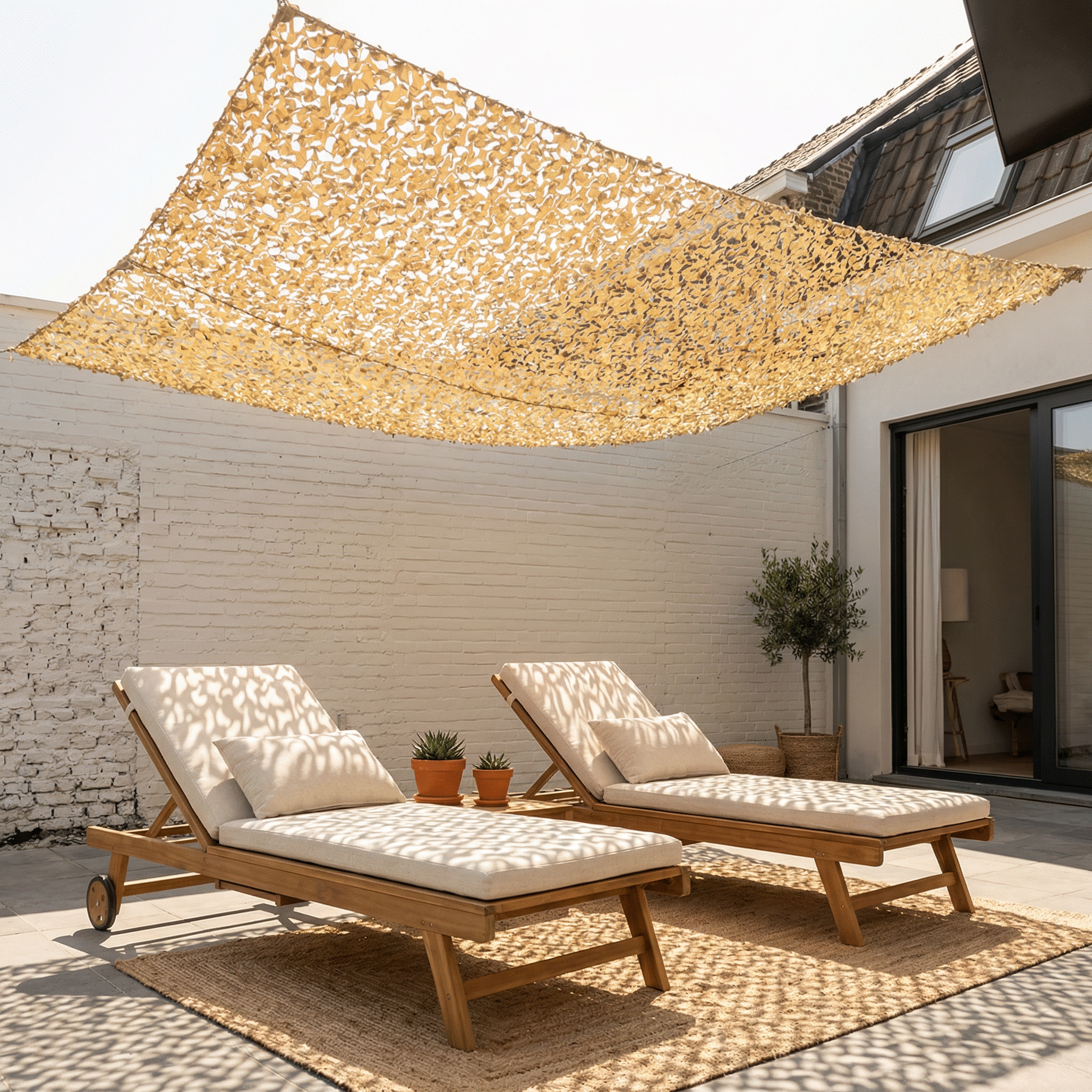 Filet de camouflage renforcé avec câble acier protégeant des transats du soleil sur un patio.