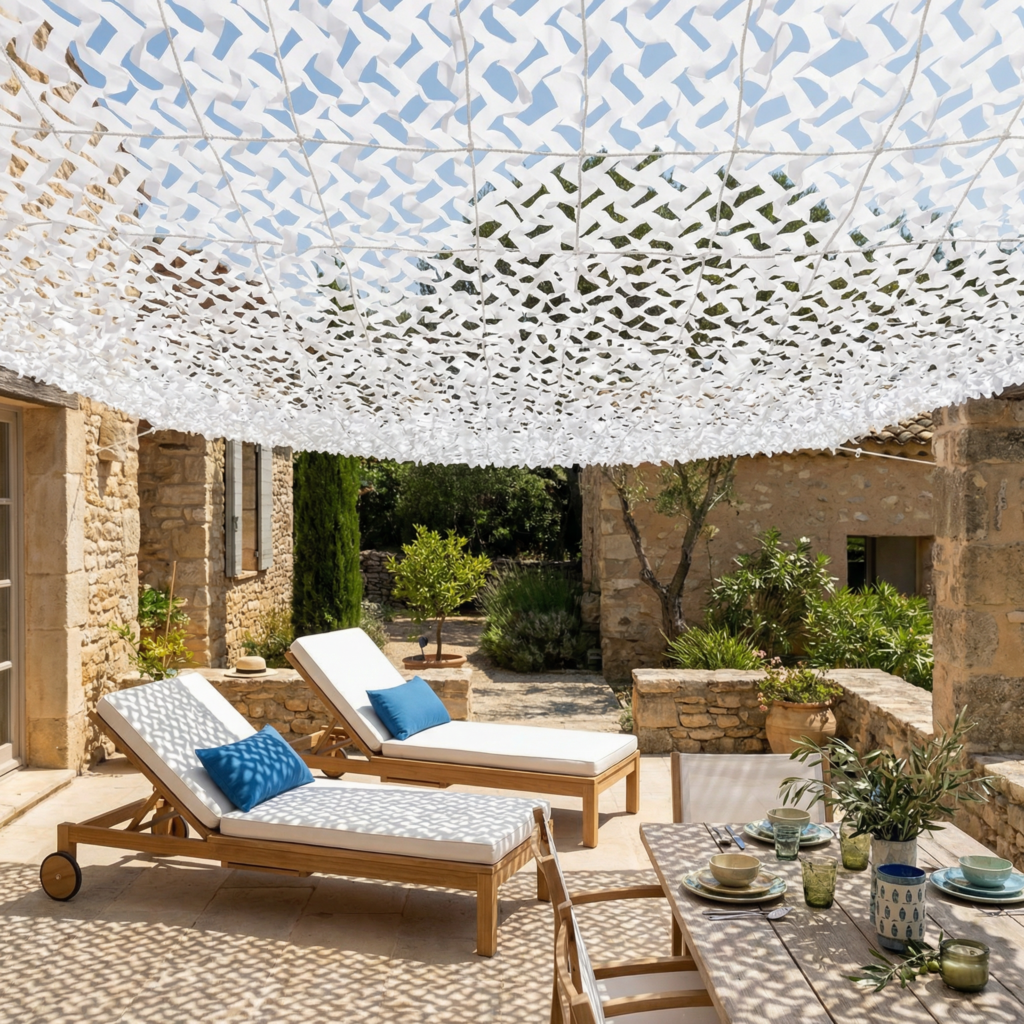 Filet de camouflage renforcé blanc pour terrasse et pergola - Ombrage lumineux