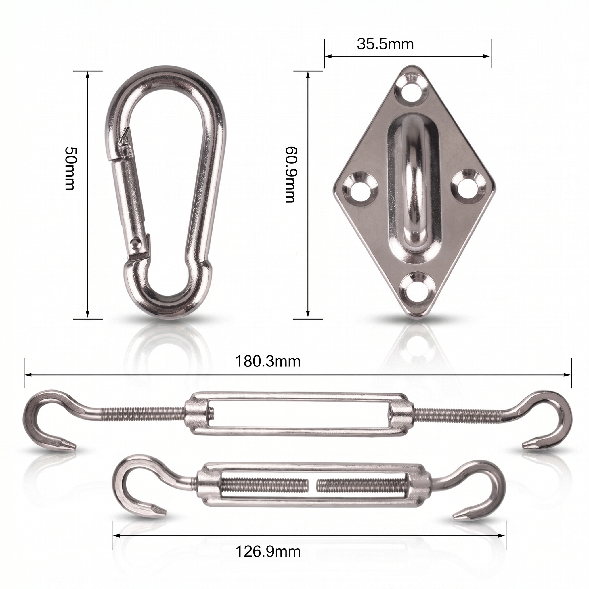 Schéma technique avec dimensions d'un kit de fixation pour filet de camouflage en inox.
