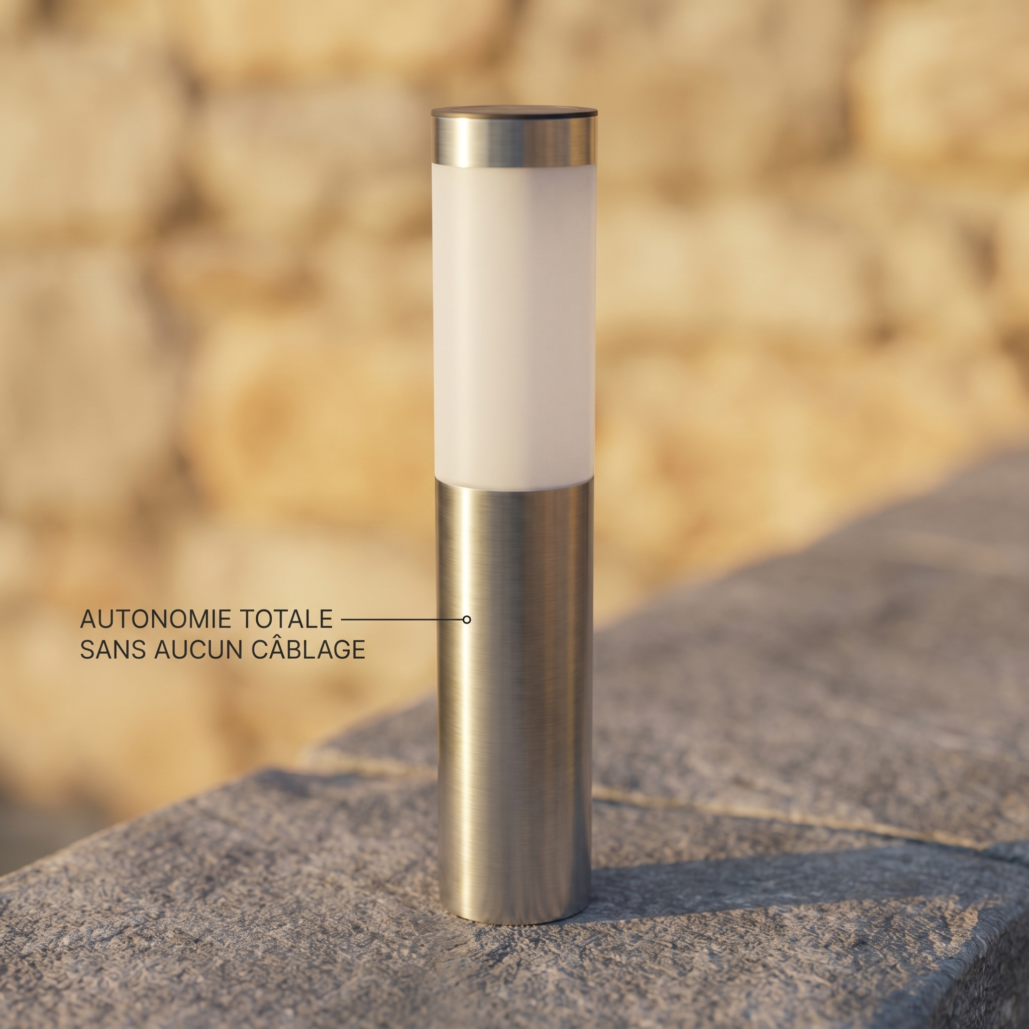Borne solaire en acier inoxydable Camofil installée sur une terrasse pour un éclairage sans câble.