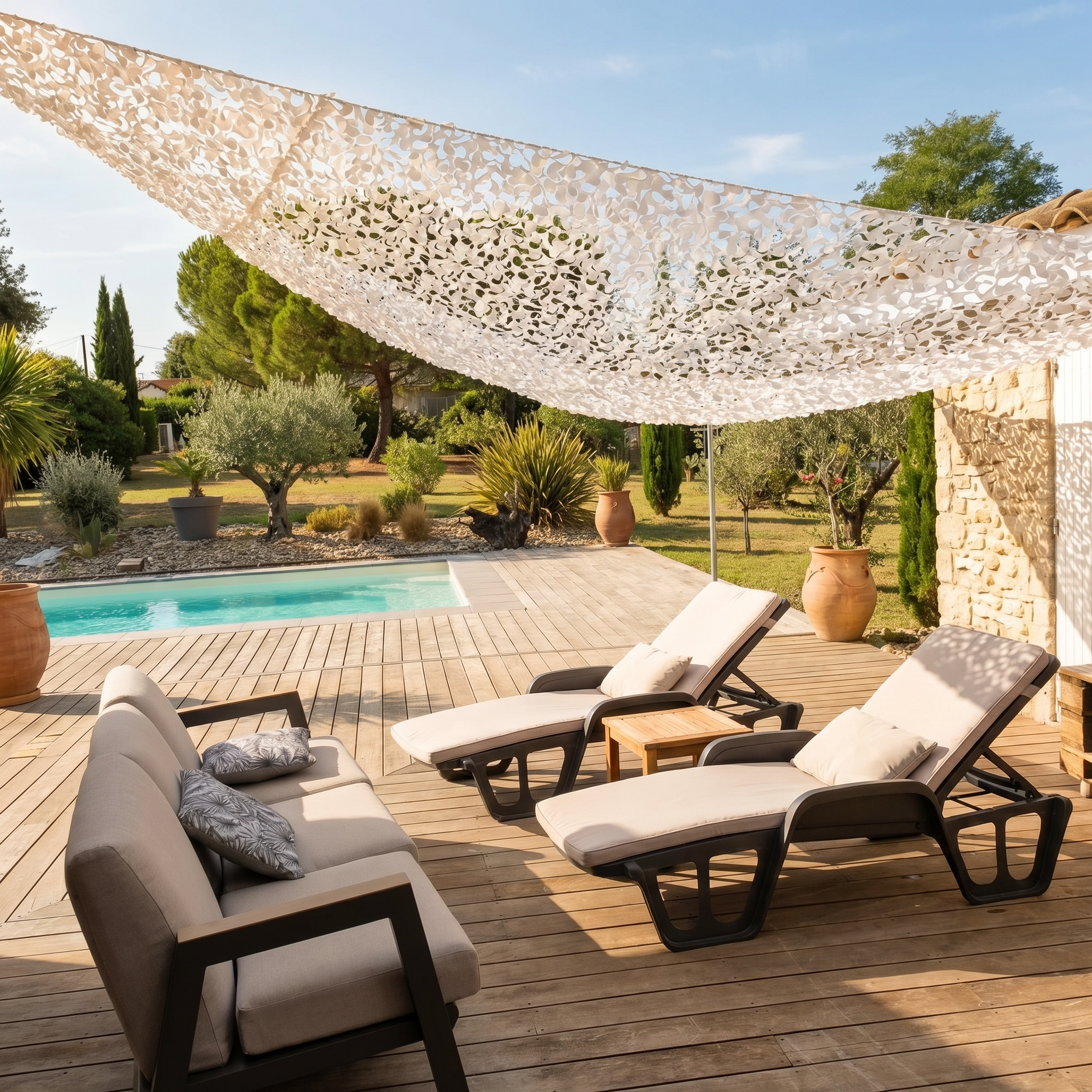 Filet de camouflage triangulaire blanc pour terrasse - Ombrage en angle lumineux