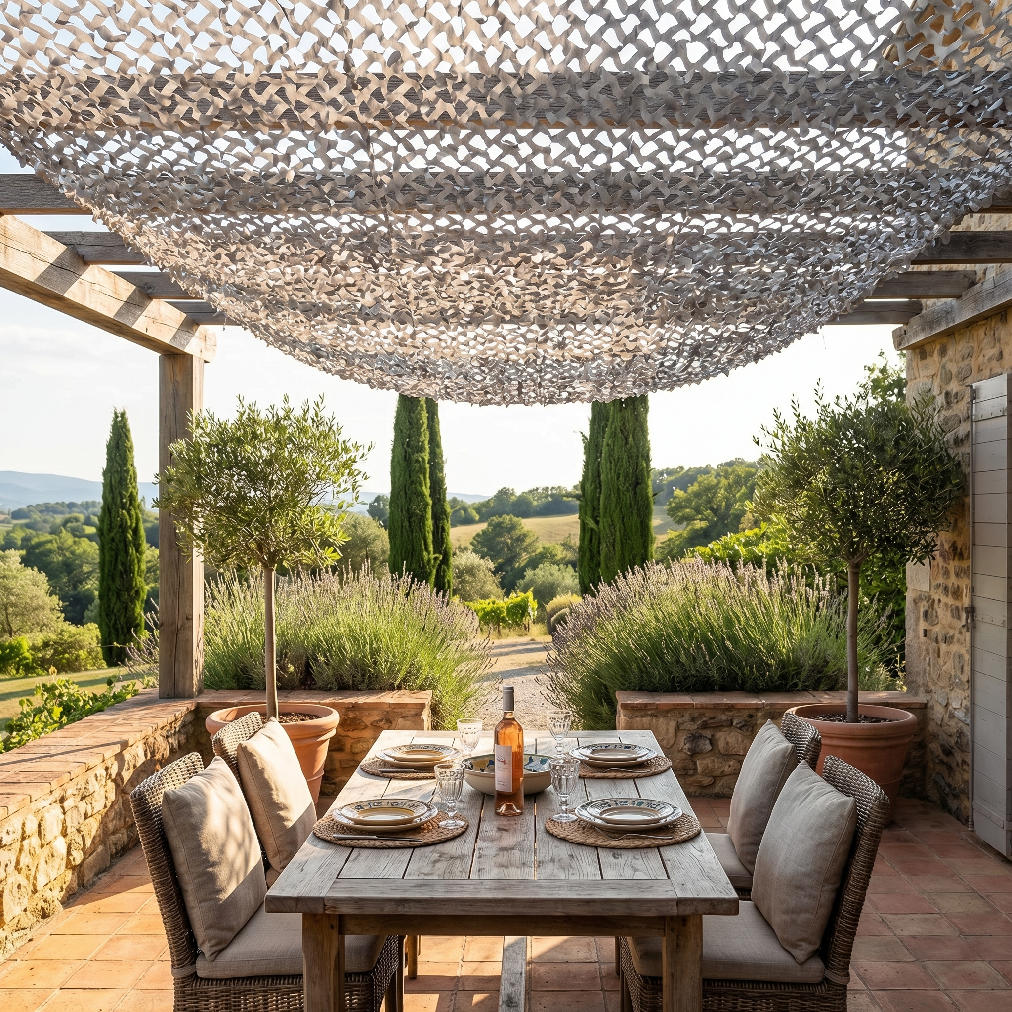 Filet de camouflage renforcé gris anthracite Camofil sur une pergola en bois de terrasse rustique.