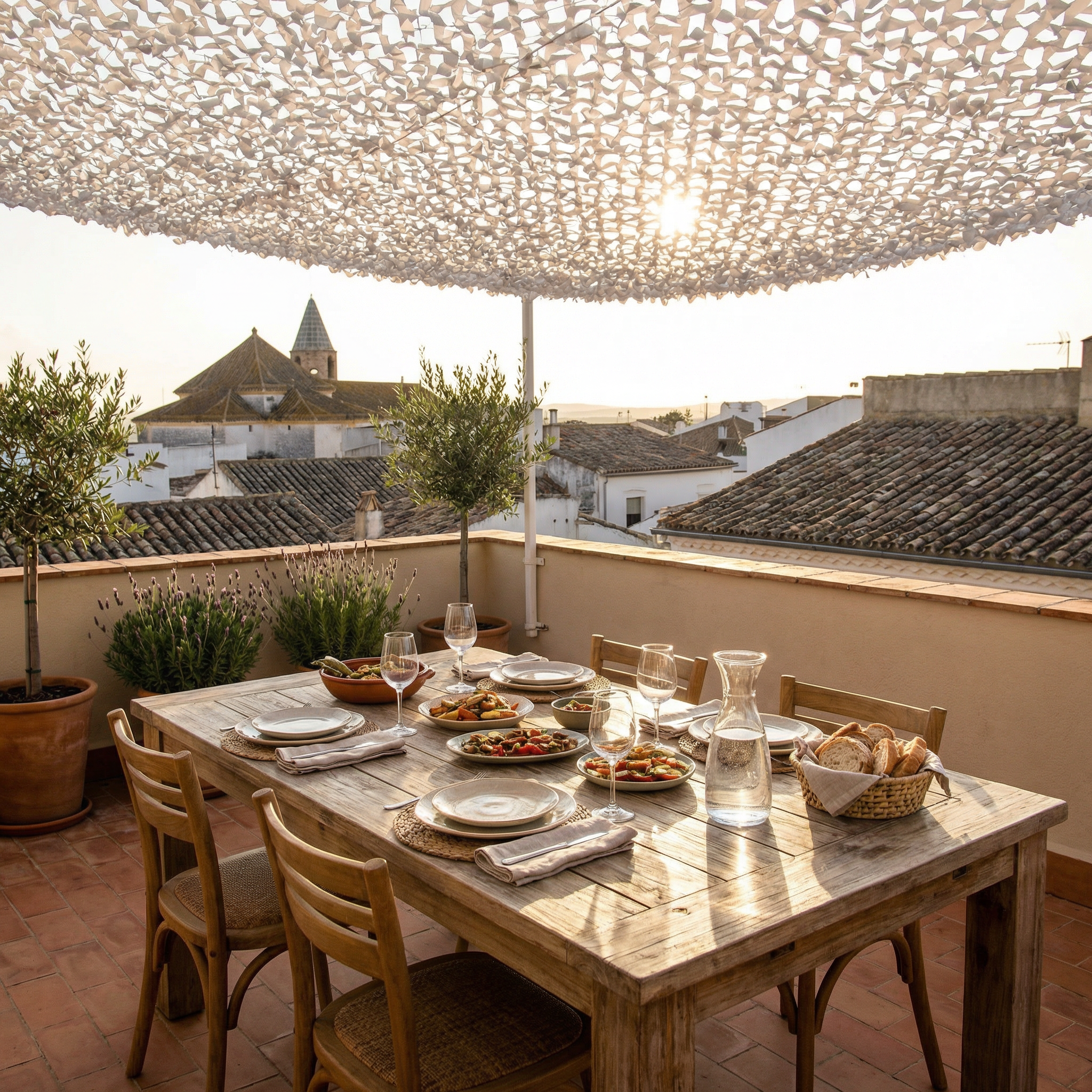 Filet de camouflage renforcé blanc Camofil ombrageant une table de repas de terrasse en hauteur.