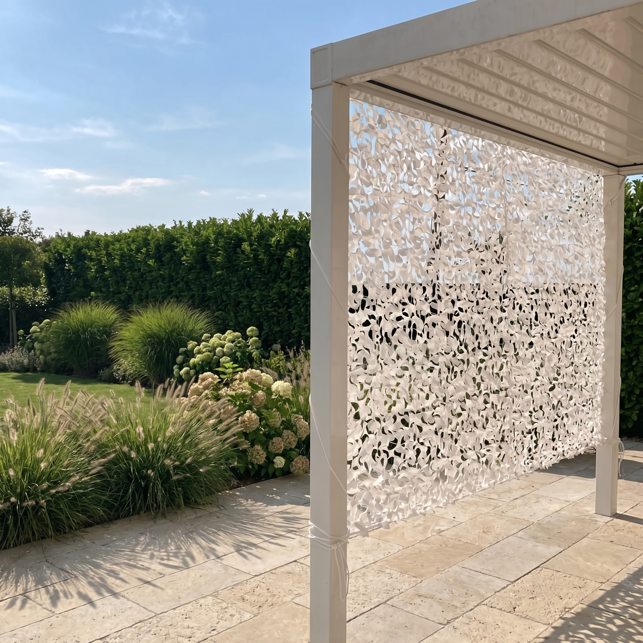 Filet de camouflage brise-vue posé verticalement sur le côté d'une pergola moderne en aluminium.