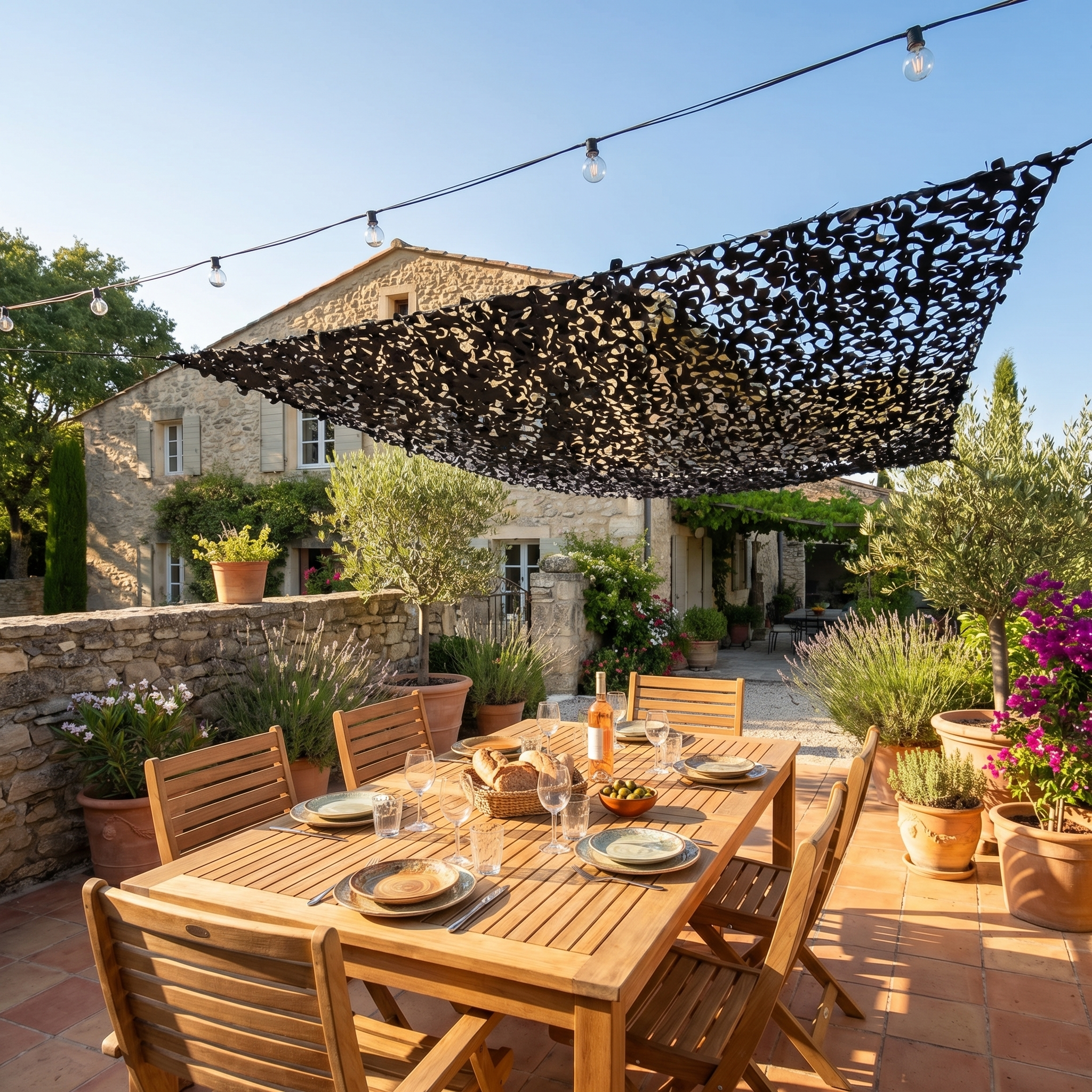 Filet de camouflage renforcé noir pour terrasse et patio - Design graphique et contemporain