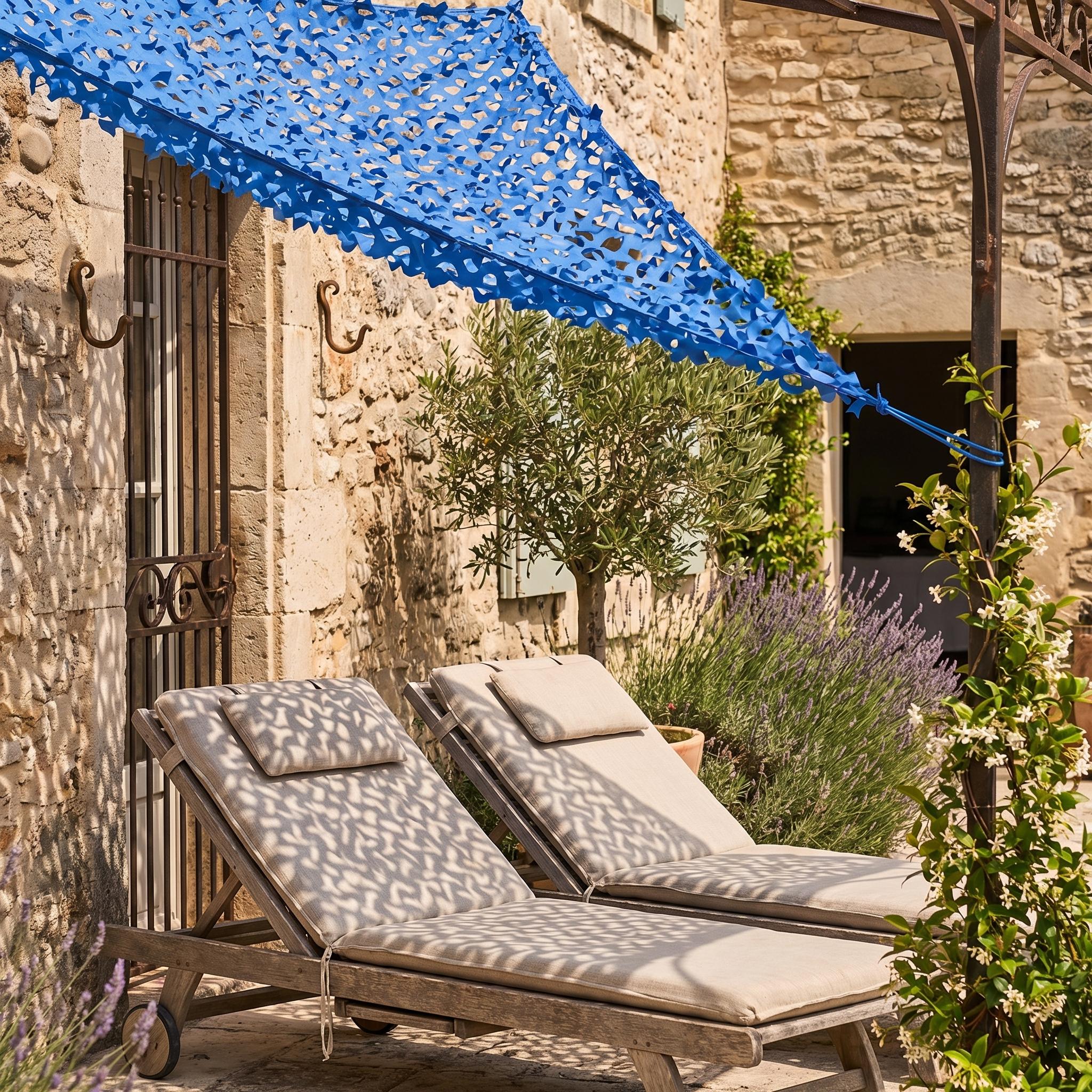Filet de camouflage triangulaire bleu Camofil ombrageant des transats sur une terrasse en pierre.