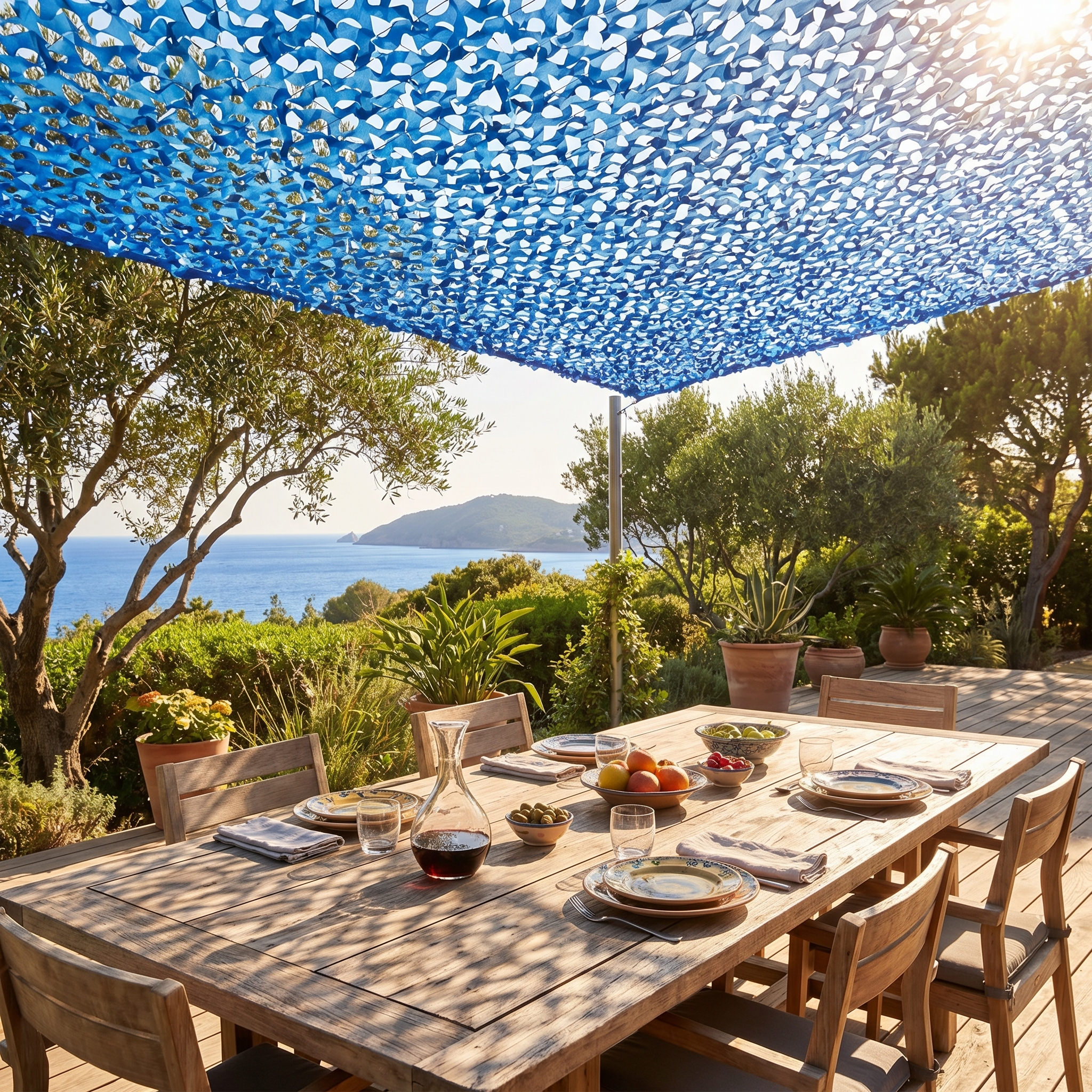 Filet de camouflage renforcé bleu protégeant une table à manger extérieure du soleil.