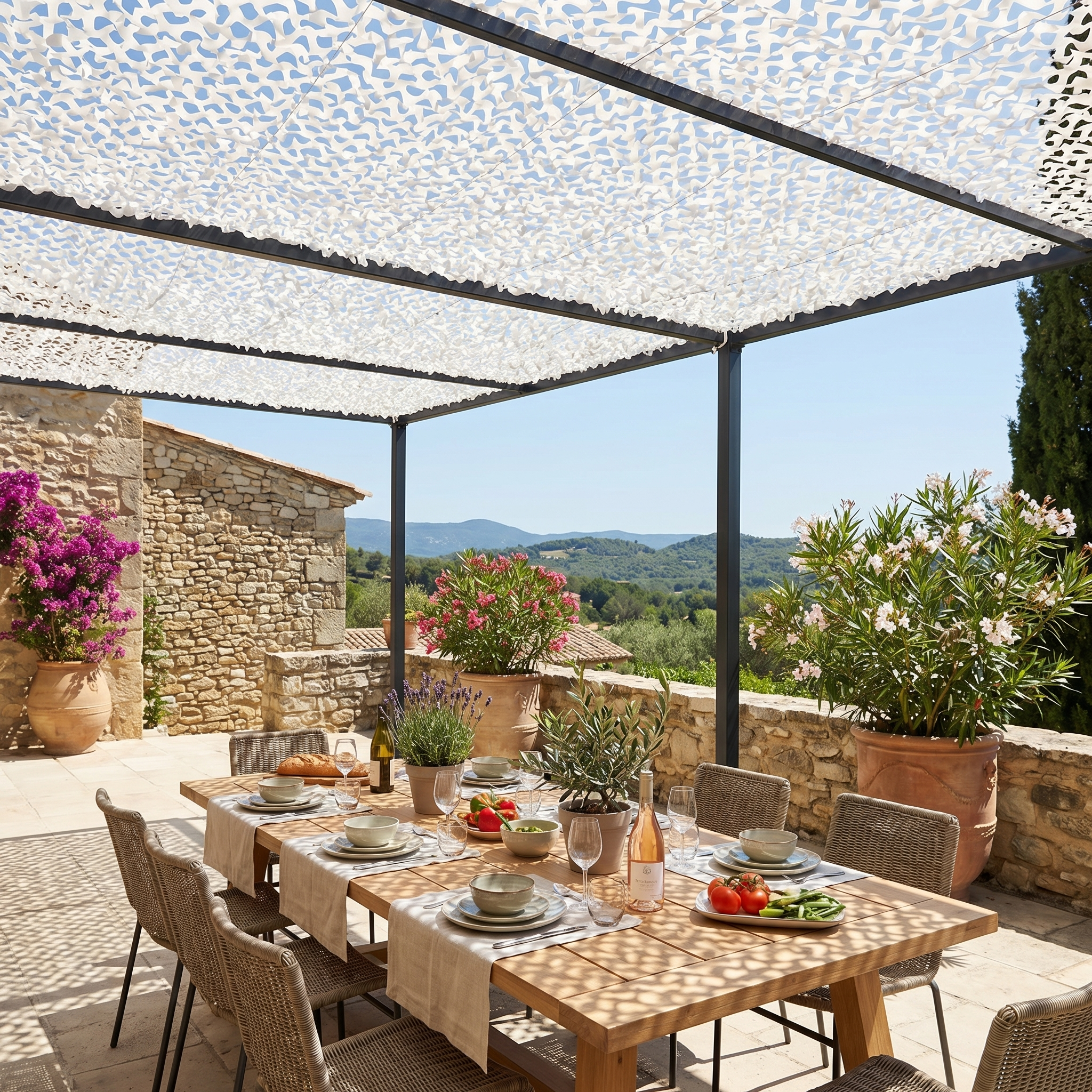 Filet de camouflage blanc renforcé installé sur une pergola moderne en métal noir de jardin.