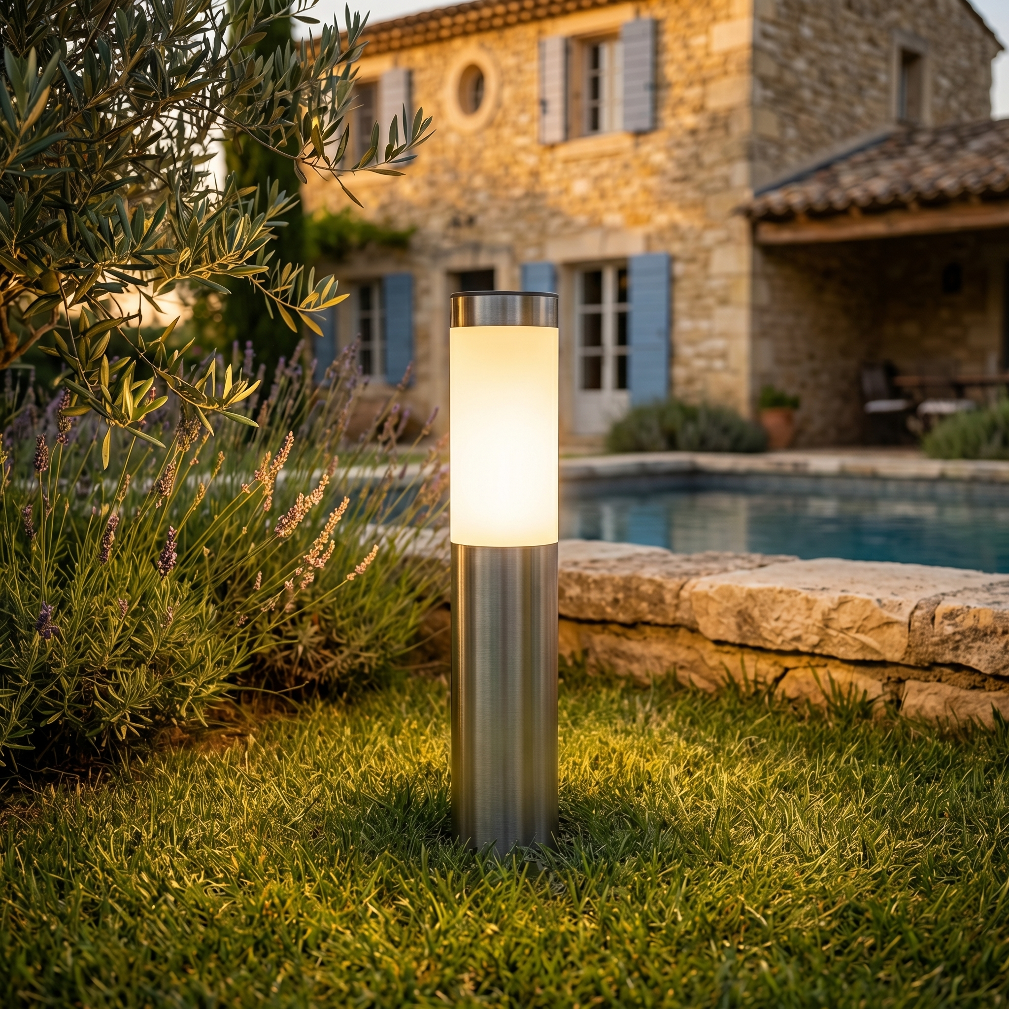 Borne solaire de jardin en inox Camofil éclairant une pelouse devant une piscine à la nuit tombée.